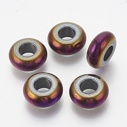 Perlas de hematita sintética no magnética galvanizada, Abalorios de grande agujero, rerondana plana, púrpura chapado, 14x6mm, agujero: 6 mm