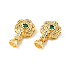 Rack Plating Brass Micro Pave Clear & Green Cubic Zirconia Fold Over Clasps, Cadmium Free & Lead Free, Long-Lasting Plated, Flower, Golden, Flower: 13.5x13.5mm, Clasp: 14x7mm, Inner Diameter: 4.8mm