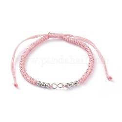 Verstellbare geflochtene Polyesterschnur Armbandherstellung, mit 304 Edelstahl-Sprungringen und glatten runden Perlen, rosa, Einzelkettenlänge: ca. 6-1/2 Zoll (16.5 cm)