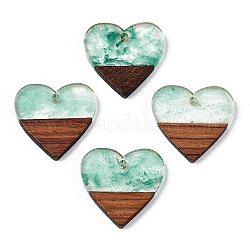 Подвески из прозрачной смолы и ореха, с блеском порошок, сердце подвески, светло-зеленый, 24x25x3.5~4 мм, отверстие : 2 мм