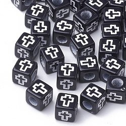 Craft Style Acrylic Beads, Cube with Cross, Black, 6x6x6mm, Hole: 3mm, about 3000pcs/500g