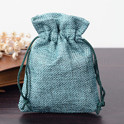 Sacs en polyester imitation toile de jute sacs à cordon, vert de mer moyen, 12x9 cm