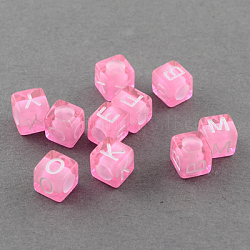 Mixed Letters Transparent Acrylic Cube Beads, Horizontal Hole, Pearl Pink, 6x6x6mm, Hole: 3mm
