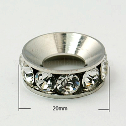 Perles en laiton de strass, rondelle, Grade a, de couleur métal platine , cristal, 20x7mm, Trou: 12mm
