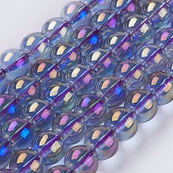 Abalorios de vidrio electroplate hebras, chapado en arco iris , redondo, azul pizarra, 8~8.5mm, agujero: 1 mm, aproximamente 52~54 pcs / cadena, 15.5 pulgada ~ 15.7 pulgadas