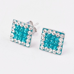 Austrian Crystal Ear Studs, with Sterling Silver and Polymer Clay Findings, 229_Blue Zircon, Size: Earring: about 8mm wide, 8mm long, 2mm thick, Pin: 0.8mm