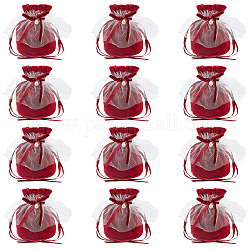 Nbeads 12 pcs sacs à bijoux en velours à fond rond, Sacs-cadeaux à cordon avec perle de perle et sacs de bonbons en velours de fil blanc pour les faveurs de fête d'anniversaire de Noël de mariage, rouge foncé, 14.2x14.9 cm