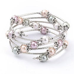 Cinq boucles de bracelets à la mode, avec Shell perles de nacre, 304 perles en acier inoxydable et fil à mémoire en acier, colorées, diamètre intérieur: 2-1/4 pouce (5.7 cm)