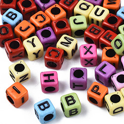 Craft Style Acrylic Beads, Cube, Mixed Color, Random Mixed Letters, 6x6x6mm, Hole: 3mm, about 2995pcs/500g