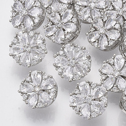 Brass Shank Buttons, with Micro Pave Cubic Zirconia, Flower, Clear, Platinum, 11.5x8.5mm, Hole: 1.8mm