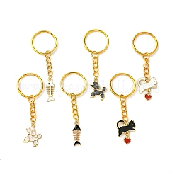 Porte-clés pendentif en alliage d'émail, avec des anneaux de fer, chien, chat et arête de poisson, or, 7.3~7.5 cm