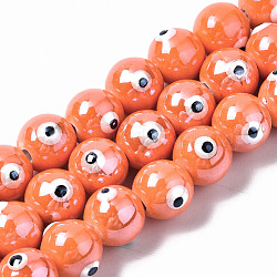 Brins de perles en céramique de porcelaine faites à la main, porcelaine émaillée lumineux, ronde avec le mauvais œil, rouge-orange, 10.5mm, Trou: 1.8mm, Environ 32 pcs/chapelet, 12.01 pouce (30.5 cm)