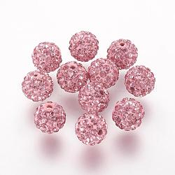 Perles de strass en argile polymère, Grade a, ronde, Perles de boule pavé disco , rose clair, 10x9.5mm, Trou: 1.5mm