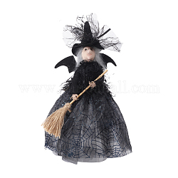 Ornamento della bambola della stella superiore dell'albero della strega del panno, per decorazioni per feste a casa di Halloween, strega con abito a ragnatela, nero, 285x210mm