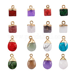 Kissitty 16pcs 16 pendentifs de pierres précieuses naturelles et synthétiques de style, avec boucles en fer plaqué or, facette, coupe ronde et larme, 1pc / style