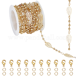 Chgcraft bricolage feuille chaîne bracelet collier maknig kit, y compris les chaînes à maillons en laiton avec perles rondes et fermoirs, Anneaux de jonction en 304 acier inoxydable, or, chaîne : 5 m/sac