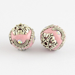 Round Handmade Grade A Rhinestone Indonesia Beads, with Alloy Antique Silver Metal Color Cores, Pink, 16.5x17mm, Hole: 2mm