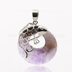 Natural Amethyst Pendants, with Brass Findings, Flat Round with Fish, Platinum Metal Color, 33.5x28x5mm, Hole: 4.5x7mm