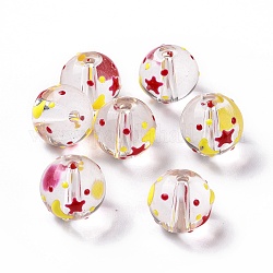 Perles en verre transparentes, avec l'émail, ronde, rouge, motif en étoile, 11.5~12x11mm, Trou: 1.5~1.6mm