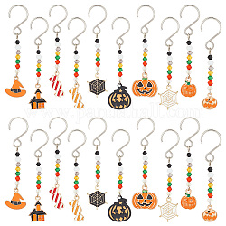 Decorazioni pendenti in lega smaltata a tema halloween, con perle di vetro e chiusure a S in acciaio inossidabile, ragnatela/zucca/cappello da strega, colore misto, 63~74mm, 10 stile, 2pcs / style, 20 pc / set