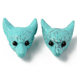 Pendentifs de turquoise synthétique, perles percées, avec oeil d'onyx noir, tête de loup, 30.5x23.5x11.5~13mm, Trou: 2mm