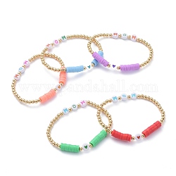 Mother's Day Gifts, Stretch Bracelets, with Polymer Clay Heishi Beads, Initial Acrylic Beads and Golden Plated Brass Beads, Word Mom, Mixed Color, Inner Diameter: 2-3/8 inch(6.2cm)