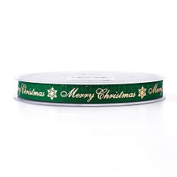 Polyester Grosgrainband für Weihnachten, Schneeflocke & Wort, grün, 9 mm, ca. 100 Yards / Rolle