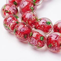 Chapelets de perles vernissées de sable d'or manuels, fleur intérieure, ronde, rouge, 12.5~13.5mm, Trou: 1.5mm, Environ 28 pcs/chapelet, 14.88 pouce (37.8 cm)