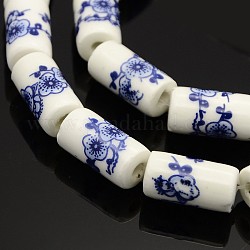 Handmade Flower Printed Porcelain Ceramic Column Beads Strands, Royal Blue, 17~18x9mm, Hole: 3mm, about 20pcs/strand, 14.2inch