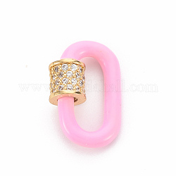 Brass Micro Pave Clear Cubic Zirconia Screw Carabiner Lock Charms, with Enamel, for Necklaces Making, Cadmium Free & Nickel Free & Lead Free, Oval, Real 16K Gold Plated, Pearl Pink, 19x12x2.5mm, Screw: 6x6mm