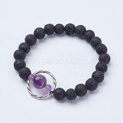 Natural Lava Rock Beads Stretch Bracelets, with Amethyst Beads and Alloy Findings, 2 inch(52mm)