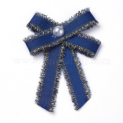 Broche en polyester, avec des perles de verre et du fer, bowknot, bleu foncé, 95~100x67~72mm