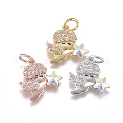 Brass Charms, with Micro Pave Cubic Zirconia and Jump Rings, Angel, Clear, Mixed Color, 14x13.5x2.5mm, Hole: 3.5mm