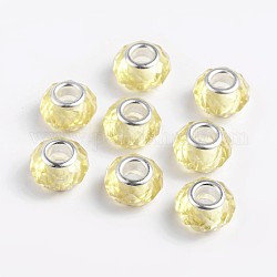 Perles européennes en verre manuels, Perles avec un grand trou   , ame en laiton de couleur argent, jaune, 14x8mm, Trou: 5mm