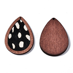 Eco-Friendly Cowhide Leather Pendants, with Dyed Wood, Teardrop with Leopard Print, White, 46x32.5x4mm, Hole: 1.2mm