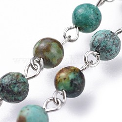 Chaînes de perles de turquoise (jaspe) africaines naturelles, avec épingle à oeil en fer, ronde, non soudée, platine, 39.37 pouce (100 cm), lien: 13x6~6.5 mm, 1 m / chapelet