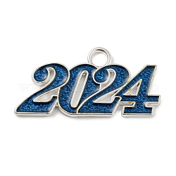 Pendentifs d'émail en alliage, sans plomb et sans cadmium, charme numéro 2024, couleur d'argent, bleu marine, 18.5x36.5x1.5mm, Trou: 4mm