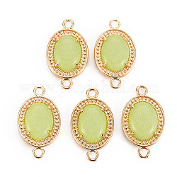 Glass Links Connectors, with Light Gold Tone Brass Findings, Imitation Jade, Oval, Green Yellow, 25x14x4.5mm, Hole: 2mm
