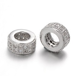Perles de zircone cubique micro pave en Laiton, perles de rondelle avec grand trou , sans plomb et sans nickel, clair, platine, 8.5x4mm, Trou: 4.5mm