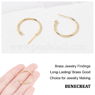 Brass Half Hoop Earrings, Stud Earring, Long-Lasting Plated, Ring, Real 18K Gold Plated, 22x26x1.5mm, Pin: 0.7mm, 6pairs/box Brass