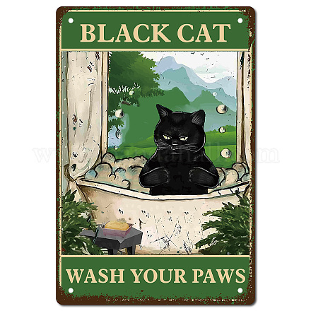 Creatcabin Black Cat Wash Your Paws Metall-Blechschild für Badezimmer AJEW-WH0157-566-1