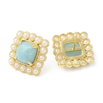 Natural Amazonite Square Stud Earrings with Plastic Pearl Beaded EJEW-E599-03G-01-1