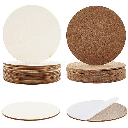 GORGECRAFT 12PCS 4 Inch Unfinished Round Wood Circle Slices and 12PCS Round Self-Adhesive Corks for Wooden Coasters DIY Crafts and Home Decoration DIY-GF0001-86-1