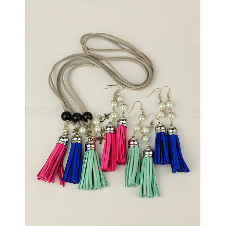 Faux Suede Tassels Jewelry Sets: Necklaces & Earrings SJEW-JS00434-1