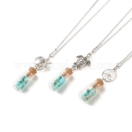 3Pcs 3 Style Glass Bottle with Synthetic Turquoise Chips Pendant Necklaces Set NJEW-JN03841-1