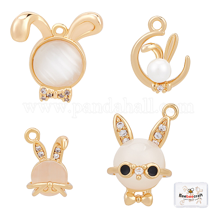 Beebeecraft 8Pcs 4 Style Chinese New Year 2023 Rabbit Charms 18K Gold Plated Easter Bunny Charms with Cubic Zirconia Pearl Decoration for Bracelet Necklace Earring KK-BBC0003-99-1