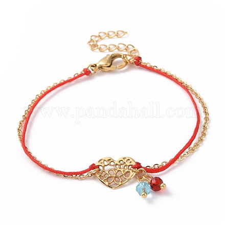 Bracelet plaqué or 304 coeur en acier inoxydable avec breloques en perles de verre pour femme STAS-E154-05G-02-1