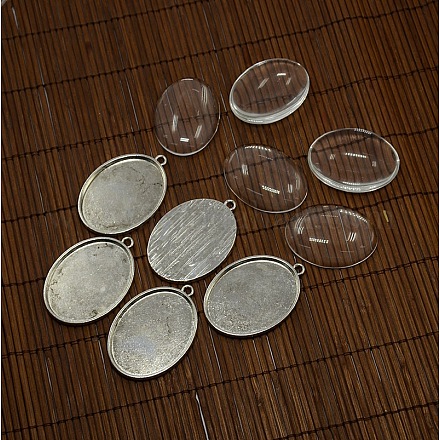 40x30mm Clear Oval Glass Cabochon Cover and Antique Silver Alloy Blank Pendant Cabochon Settings for DIY Portrait Pendant Making DIY-X0154-AS-LF-1