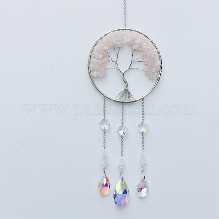 Décorations pendentif arbre de vie en quartz rose naturel TREE-PW0002-13B-1