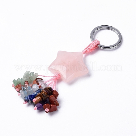 Étoile de quartz rose avec des éclats de pierres précieuses mélangées porte-clés pompon perlé KEYC-P012-01P-08-1